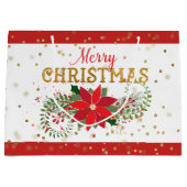 Vrolijk Kerstmis Goud Glitter Poinsettia Groot Cadeauzakje (Voorkant)