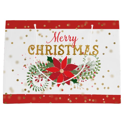 Vrolijk Kerstmis Goud Glitter Poinsettia Groot Cadeauzakje (Voorkant)