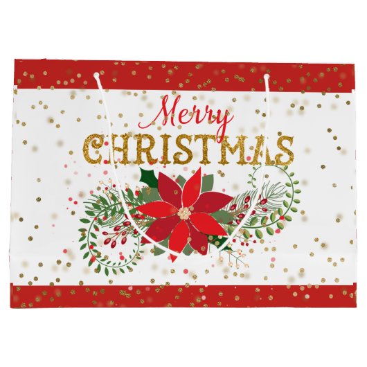 Vrolijk Kerstmis Goud Glitter Poinsettia Groot Cadeauzakje (Achterkant)