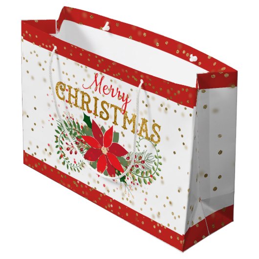 Vrolijk Kerstmis Goud Glitter Poinsettia Groot Cadeauzakje (Achterkant Gekanteld)