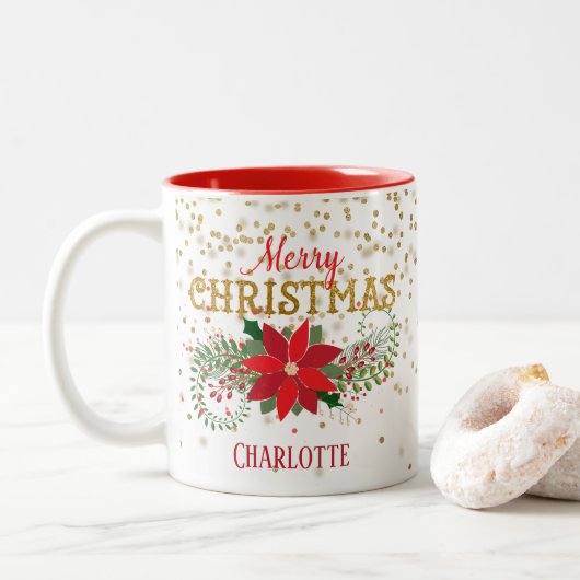 Vrolijk Kerstmis Goud Glitter Poinsettia Tweekleurige Koffiemok (Met donut)