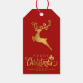 Vrolijk Kerstmis Goud Glitter Rendier Rode Vakanti Cadeaulabel (Voorkant)