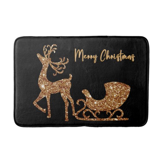 Vrolijk Kerstmis Goud Glitter Rendier & Sleigh Badmat (Voorkant)
