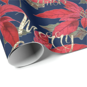 Vrolijk Kerstmis Goud Glitter Script Floral Navy Cadeaupapier