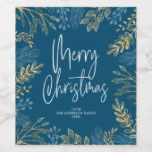 Vrolijk Kerstmis Goud Groen Donkerblauw Kerstmis Wijn Etiket (Enkel label)