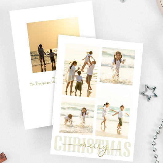 Vrolijk Kerstmis Goud Kalligrafie Elegant 5 Foto Feestdagenkaart