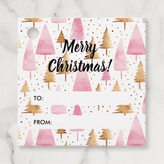 Vrolijk Kerstmis Goud Roze Boom Bedankjes Labels (Voorkant)