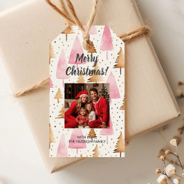 Vrolijk Kerstmis Goud Roze Boom Cadeaulabel