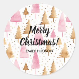 Vrolijk Kerstmis Goud Roze Boom Ronde Sticker