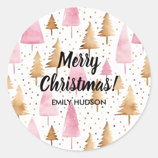 Vrolijk Kerstmis Goud Roze Boom Ronde Sticker (Voorkant)