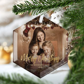 Vrolijk Kerstmis Goud Script Familie Foto Glas Ornament