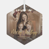 Vrolijk Kerstmis Goud Script Familie Foto Glas Ornament (Voorkant)