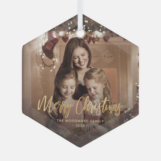 Vrolijk Kerstmis Goud Script Familie Foto Glas Ornament (Voorkant)