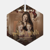 Vrolijk Kerstmis Goud Script Familie Foto Glas Ornament (Achterkant)
