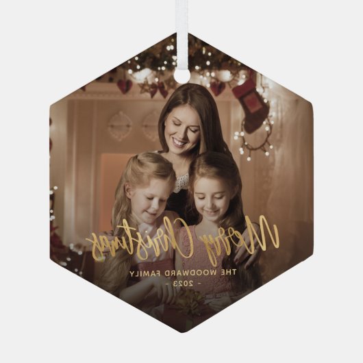 Vrolijk Kerstmis Goud Script Familie Foto Glas Ornament (Achterkant)