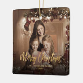 Vrolijk Kerstmis Goud Script Familie Foto Keramisch Ornament (Links)