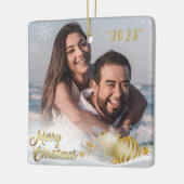 Vrolijk Kerstmis Goud Sneeuwvlok Gepersonaliseerd Keramisch Ornament (Links)