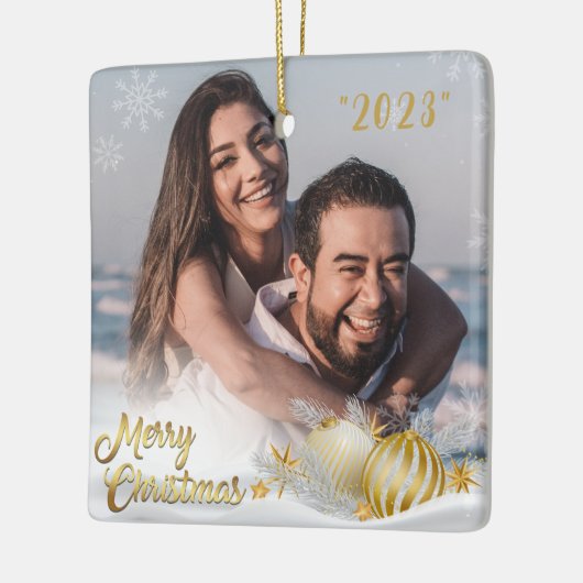 Vrolijk Kerstmis Goud Sneeuwvlok Gepersonaliseerd Keramisch Ornament (Links)