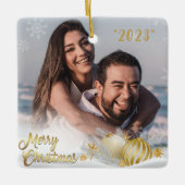 Vrolijk Kerstmis Goud Sneeuwvlok Gepersonaliseerd Keramisch Ornament (Voorkant)