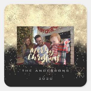 Vrolijk Kerstmis Goud Zwarte Sterren Vonk Fotonaam Vierkante Sticker