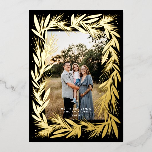 Vrolijk Kerstmis Gouden Krans Zwart Folie Feestdagenkaart (Voorkant)