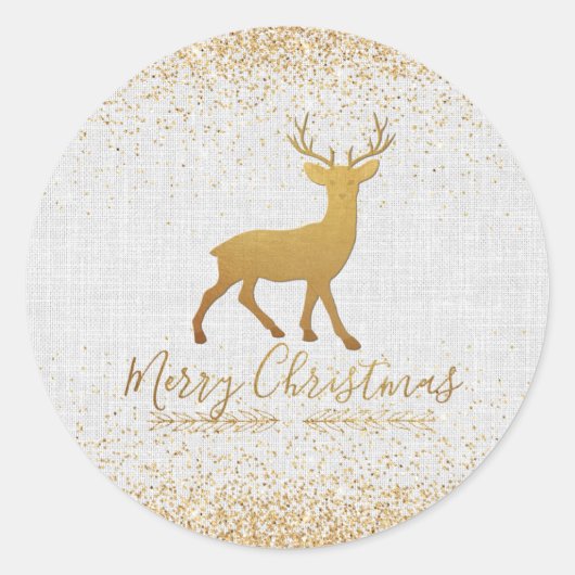 Vrolijk Kerstmis Gouden Rendier met Glitter Ronde Sticker (Voorkant)