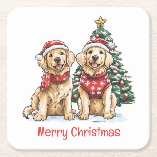 Vrolijk Kerstmis Gouden Retriever Honden Kartonnen Onderzetters