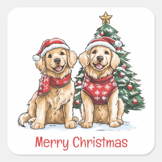 Vrolijk Kerstmis Gouden Retriever Honden Vierkante Sticker (Voorkant)