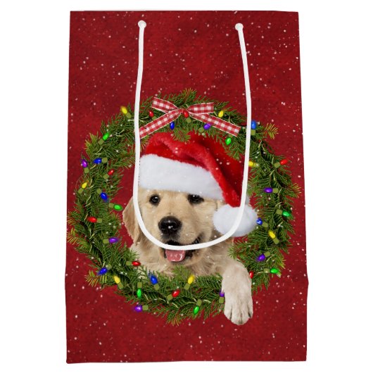 Vrolijk Kerstmis Gouden Retriever in krans Medium Cadeauzakje (Achterkant)