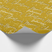 Vrolijk Kerstmis Gouden Script Naam Mosterd Wit Cadeaupapier (Hoek)