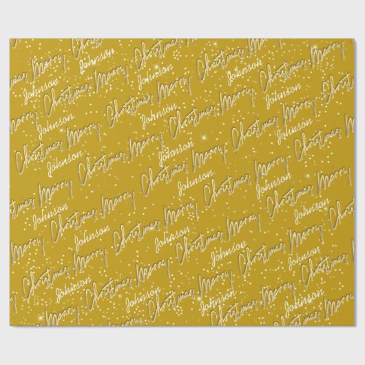 Vrolijk Kerstmis Gouden Script Naam Mosterd Wit Cadeaupapier (Vlak)