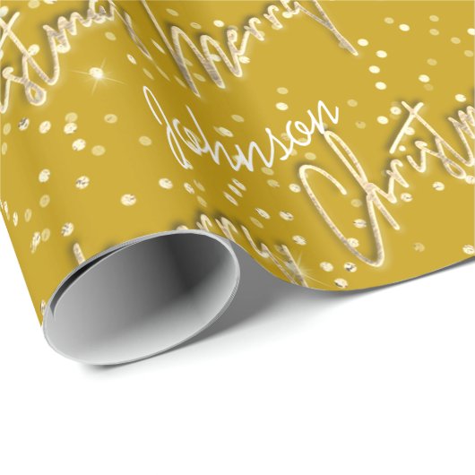 Vrolijk Kerstmis Gouden Script Naam Mosterd Wit Cadeaupapier (Rol Hoek)