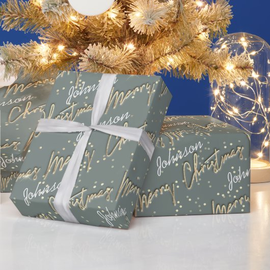 Vrolijk Kerstmis Gouden Script Naam Smoky Blue Cadeaupapier (Feestdagen)