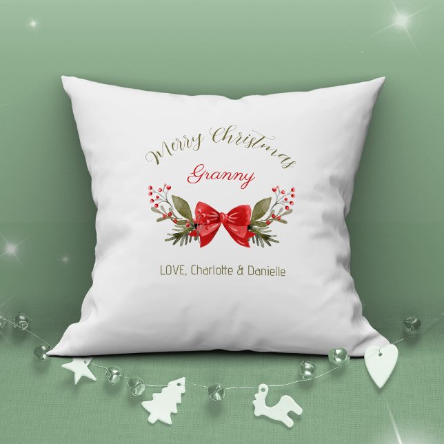Vrolijk Kerstmis Granny Bow Berries Modern Kussen (Merry Christmas Granny Bow Berries Modern Throw Pillow ©Susanne Sachers - Sunny Mind Design 🌞)