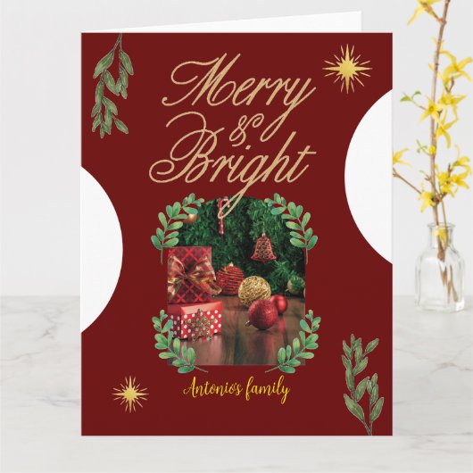 Vrolijk Kerstmis grappige heldere boog Foto Kaart (Gele Bloem)