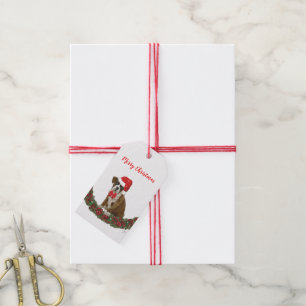Vrolijk Kerstmis Grappige Hond Whimsical Boom Rood Cadeaulabel