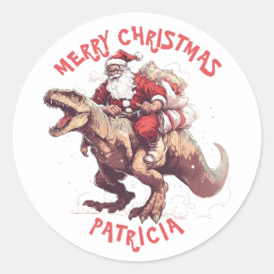 Vrolijk Kerstmis Grappige Kerstman Riding Dinosaur Ronde Sticker