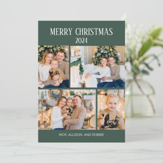 Vrolijk Kerstmis Groen 4 Fotocollage Feestdagenkaart (Staand voorkant)