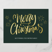 Vrolijk Kerstmis Groen Goud Kalligrafie Niet Foto Folie Feestdagen Briefkaart (Voorkant)