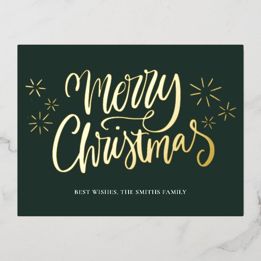 Vrolijk Kerstmis Groen Goud Kalligrafie Niet Foto Folie Feestdagen Briefkaart (Voorkant)