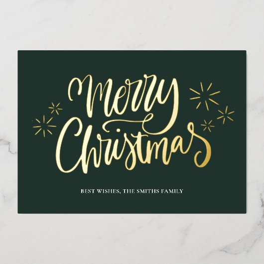 Vrolijk Kerstmis Groen Goud Kalligrafie Niet Foto Folie Feestdagenkaart (Voorkant)