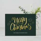 Vrolijk Kerstmis Groen Goud Kalligrafie Niet Foto Folie Feestdagenkaart (Staand Voorkant)