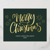 Vrolijk Kerstmis Groen Goud Kalligrafie Zakelijk Folie Feestdagen Briefkaart (Voorkant)
