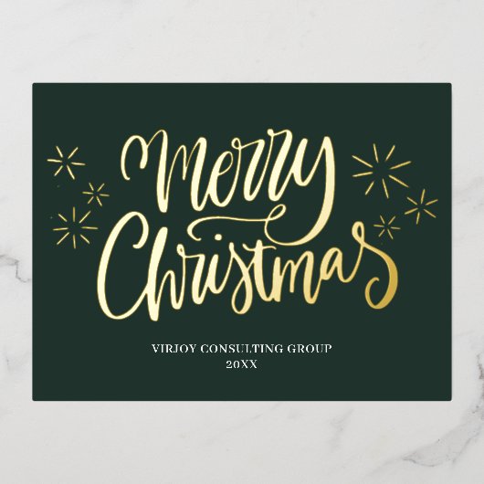 Vrolijk Kerstmis Groen Goud Kalligrafie Zakelijk Folie Feestdagen Briefkaart (Voorkant)