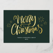 Vrolijk Kerstmis Groen Goud Kalligrafie Zakelijk Folie Feestdagenkaart (Voorkant)