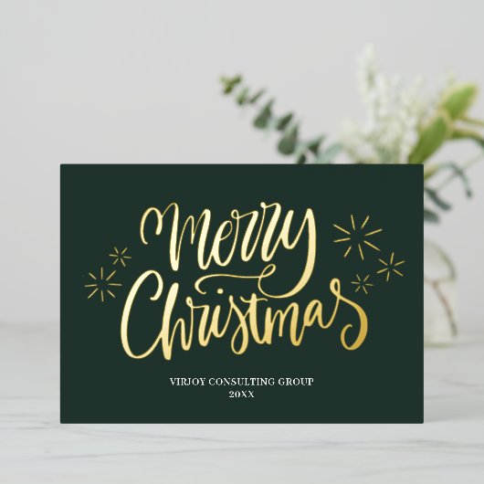 Vrolijk Kerstmis Groen Goud Kalligrafie Zakelijk Folie Feestdagenkaart (Staand Voorkant)