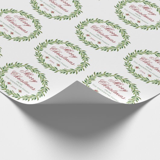 Vrolijk Kerstmis Groen Krans Familie Cadeaupapier (Hoek)