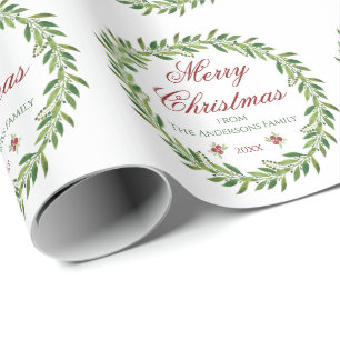 Vrolijk Kerstmis Groen Krans Familie Cadeaupapier