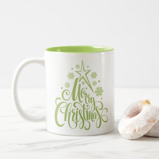 Vrolijk Kerstmis Groen Modern Tweekleurige Koffiemok (Met donut)