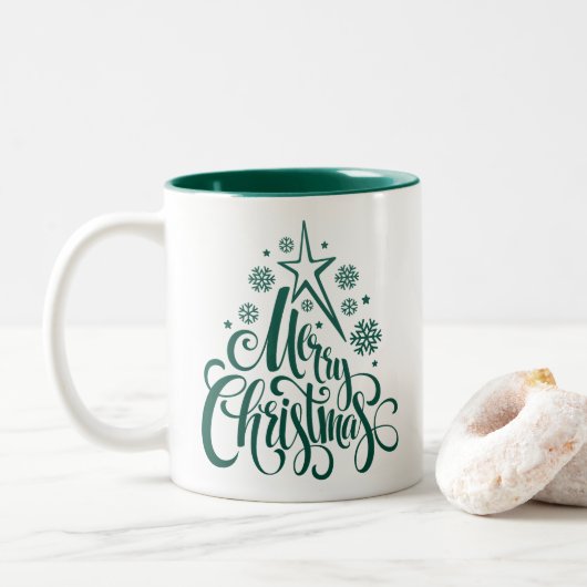 Vrolijk Kerstmis Groen Modern Tweekleurige Koffiemok (Met donut)